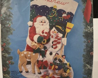Bucilla JUMBO 28" Vintage Christmas Stocking "Santa and Snowman" Made to Order