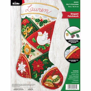 May include: A Bucilla felt stocking craft kit measuring 18 inches. The stocking features patchwork sections in red and green with embroidered designs including a white dove, poinsettia, bells, and snowflakes, accented with sequins and beads.
