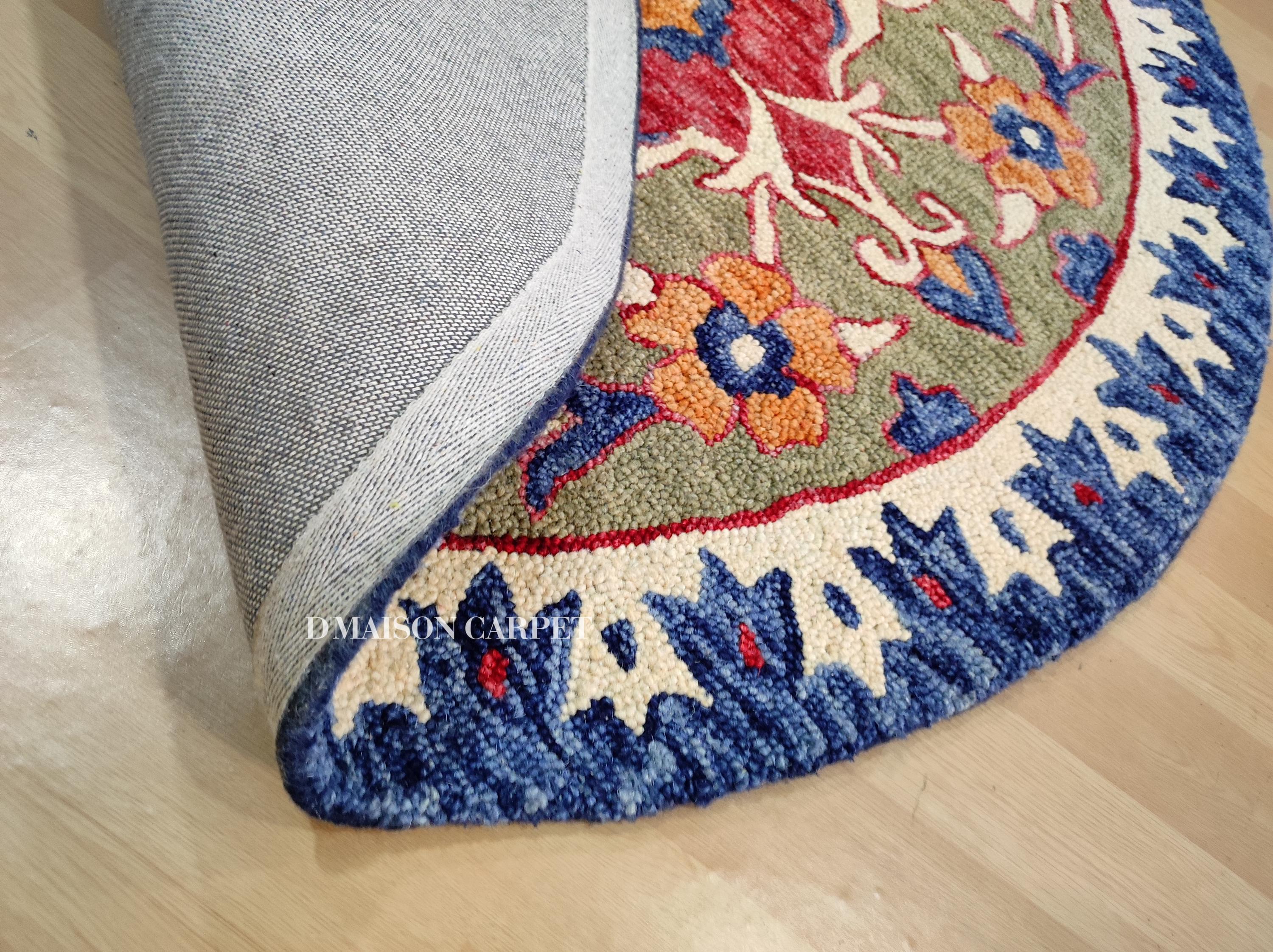 Rachel Rug Hand Tufted Round Wool Rug – Floral Traditional Design Red Multi Colour ...