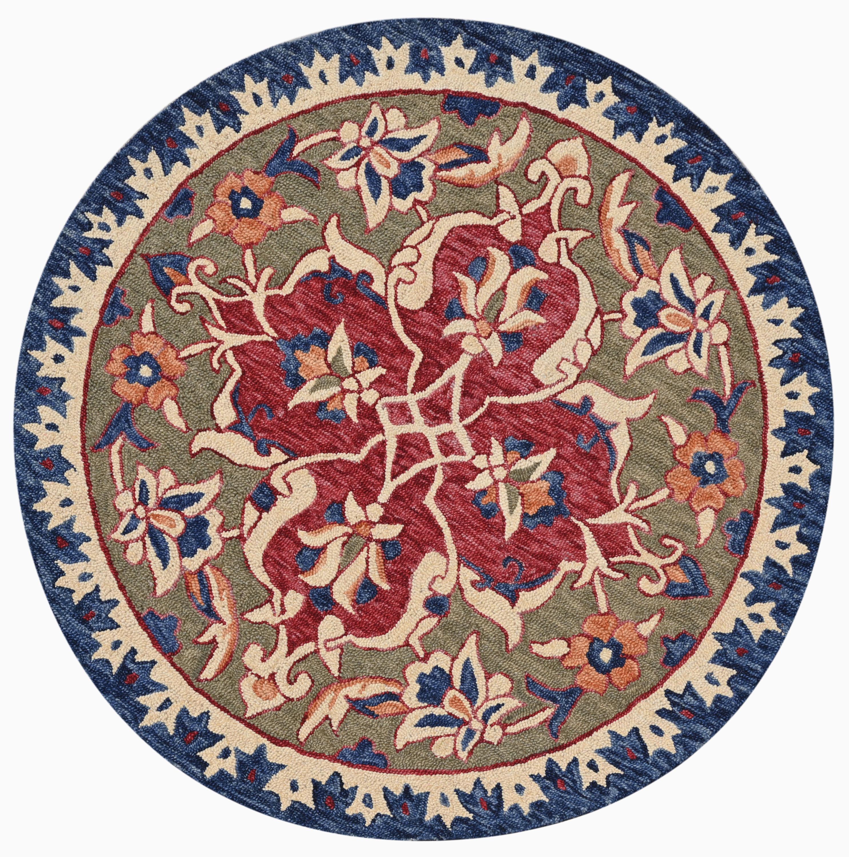 Hand Tufted Round Wool Rug – Floral Traditional Design Red Multi Colour ...