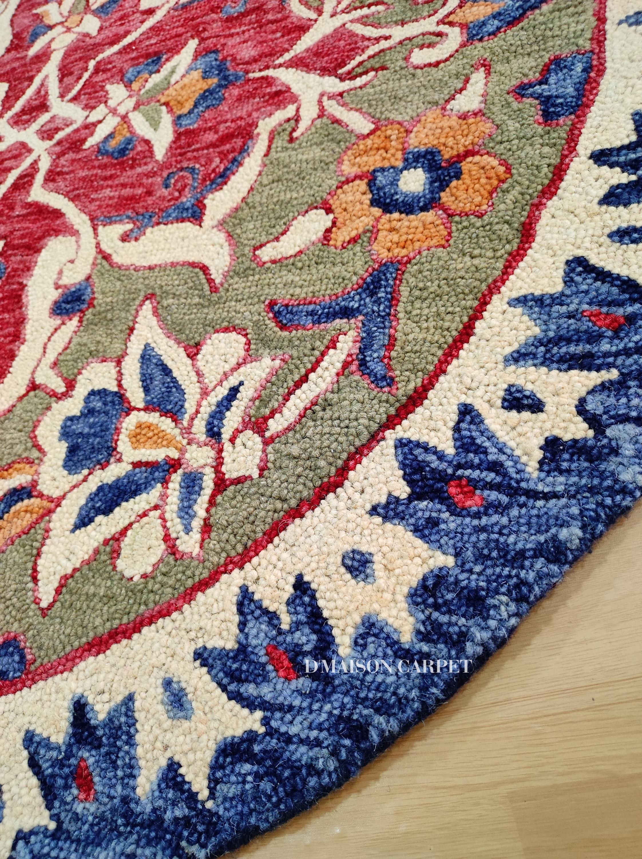 Red Tuft Rug Hand Tufted Round Wool Rug – Floral Traditional Design Red Multi Colour ...