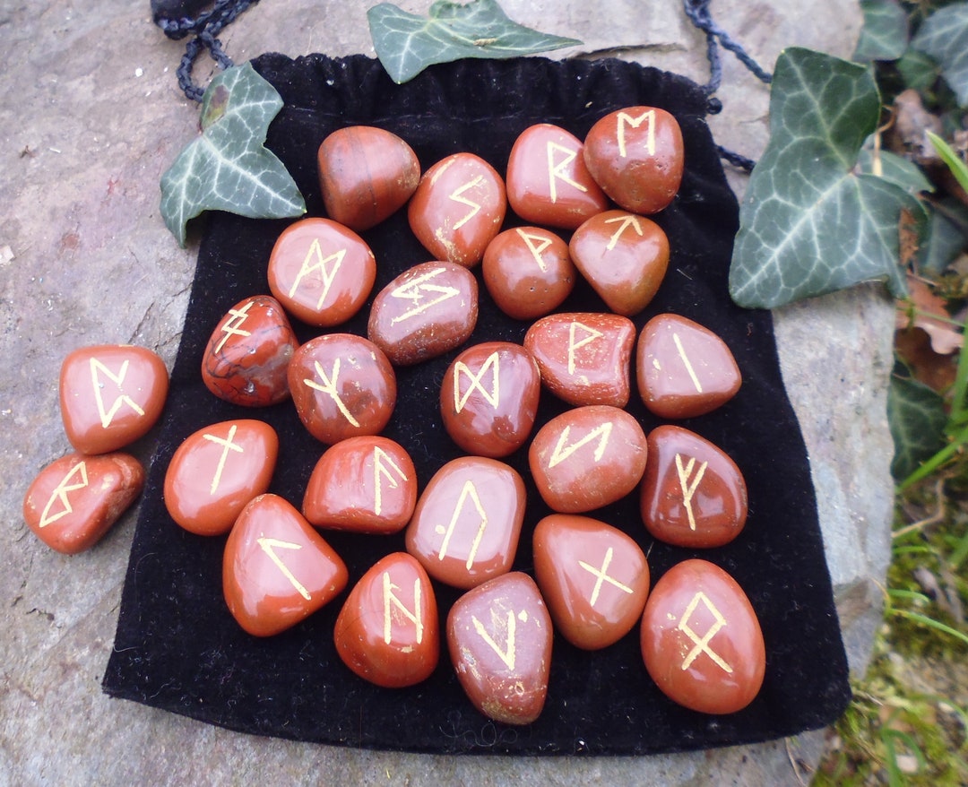 Futhark Runes Set: Engraved Red Jasper Stones With Velvet Pouch - Etsy