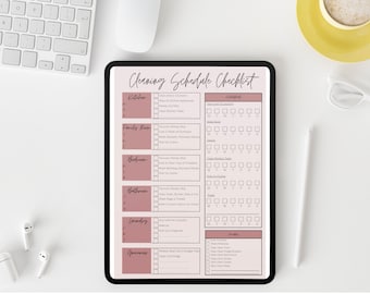 May include: A printable cleaning schedule checklist on a tablet. The checklist includes sections for the kitchen, family room, bedroom, bathroom, laundry, and groceries. Each section has a list of cleaning tasks and a grid for marking off days of the week.