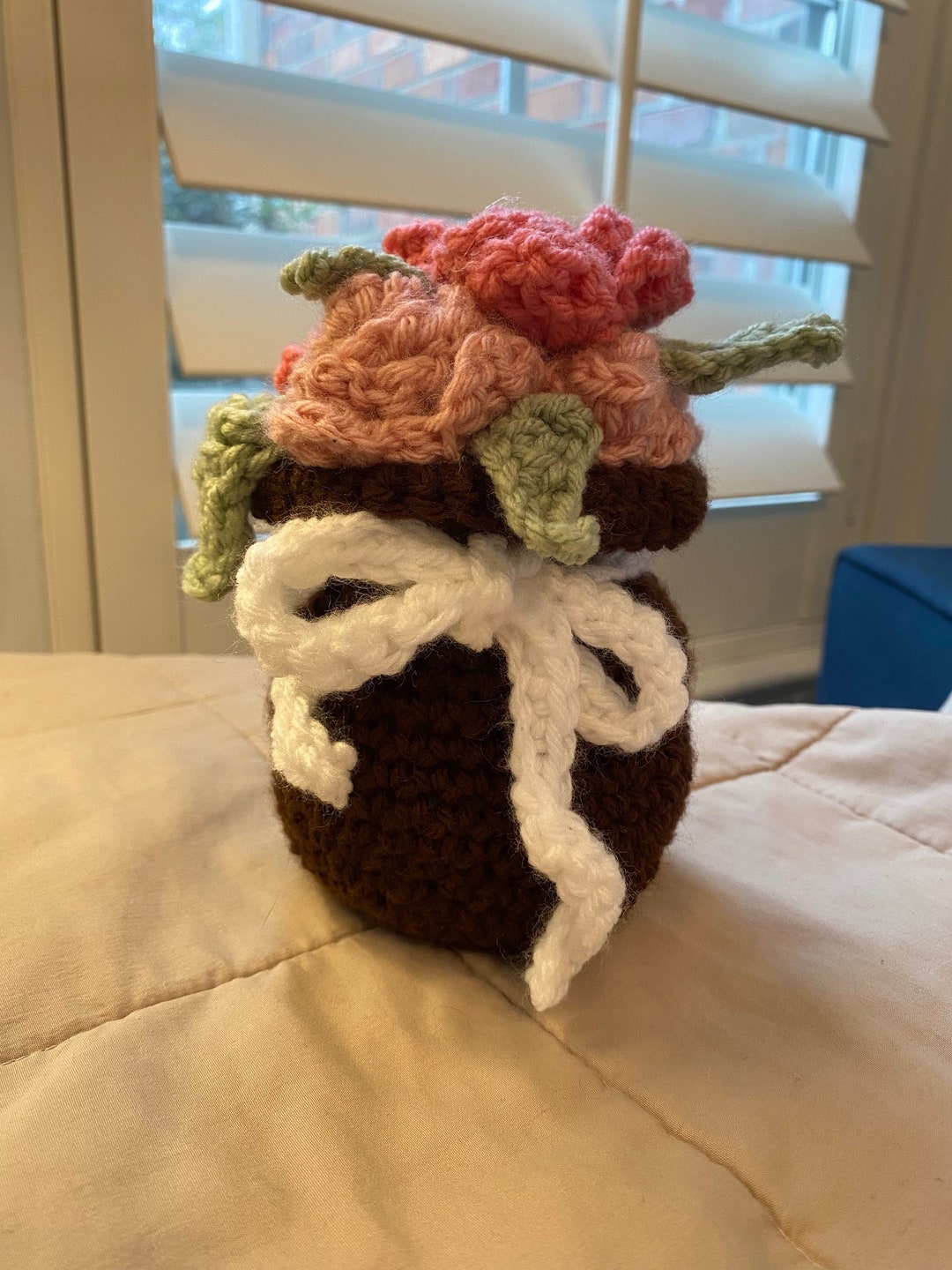 Crochet Flower Vase Pink Roses Etsy