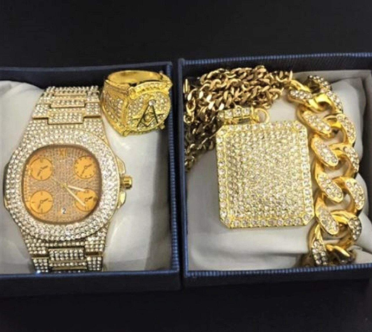 Luxury Mens Watch Necklace Bracelet & Ring Set In Crystal Etsy