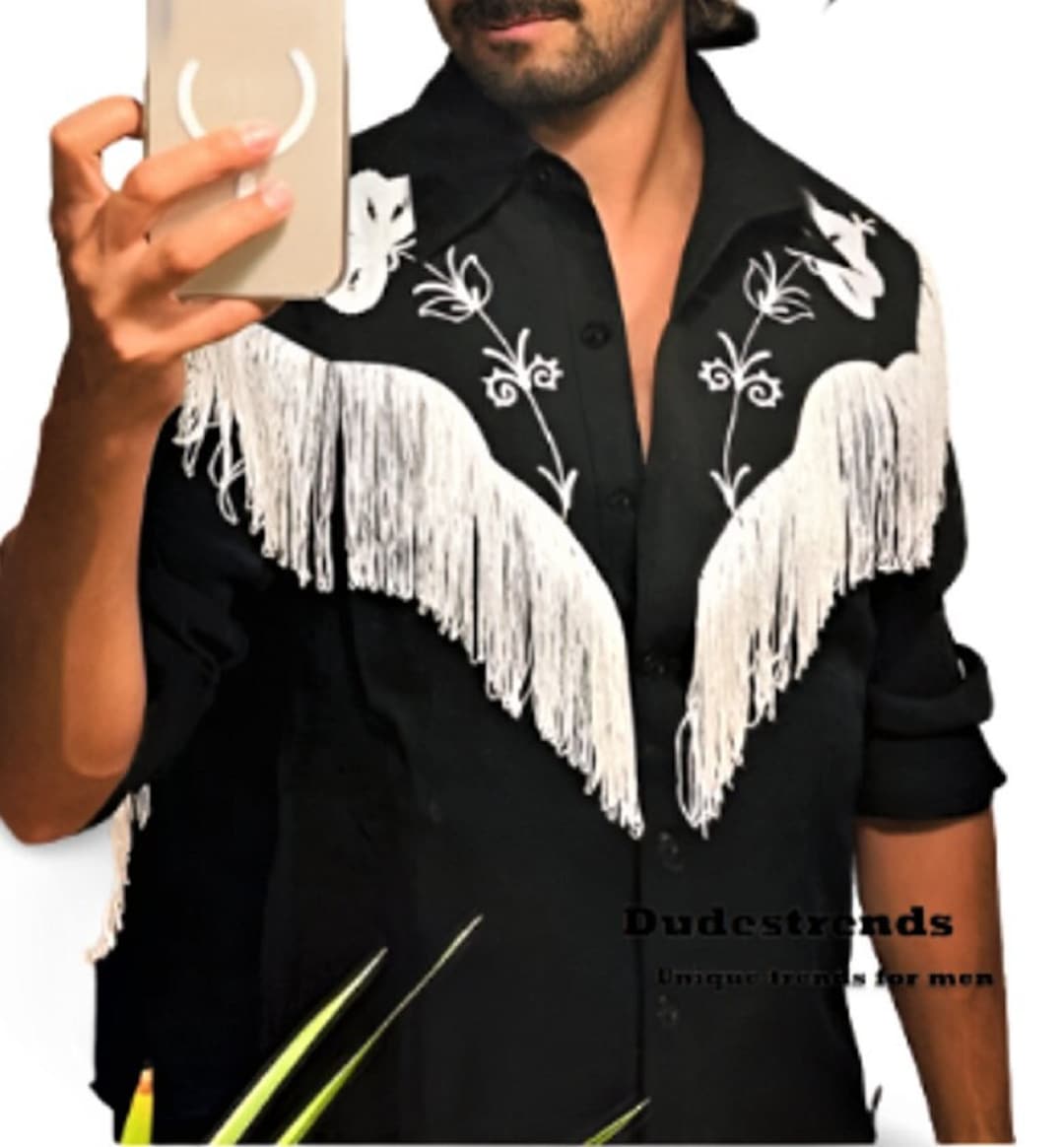 Mens Smart Casual Tassel Cowboy Shirt Long Sleeves Features Etsy