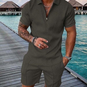 T-shirt and Shorts Suit With Zipper Front Top Casual Short Sleeve Shirt ...