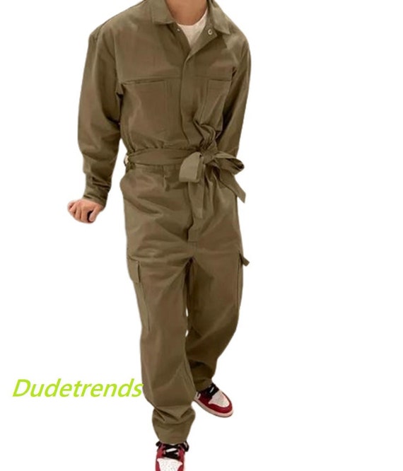 Mens Military Coveralls Casual Romper Loose Workwear Jumpsuit Long Sleeves  Pant