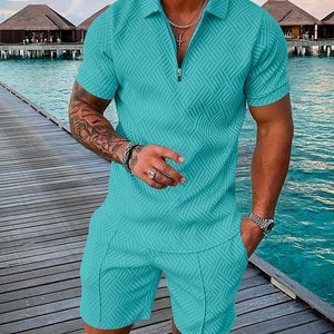 T-shirt and Shorts Suit With Zipper Front Top Casual Short Sleeve Shirt ...