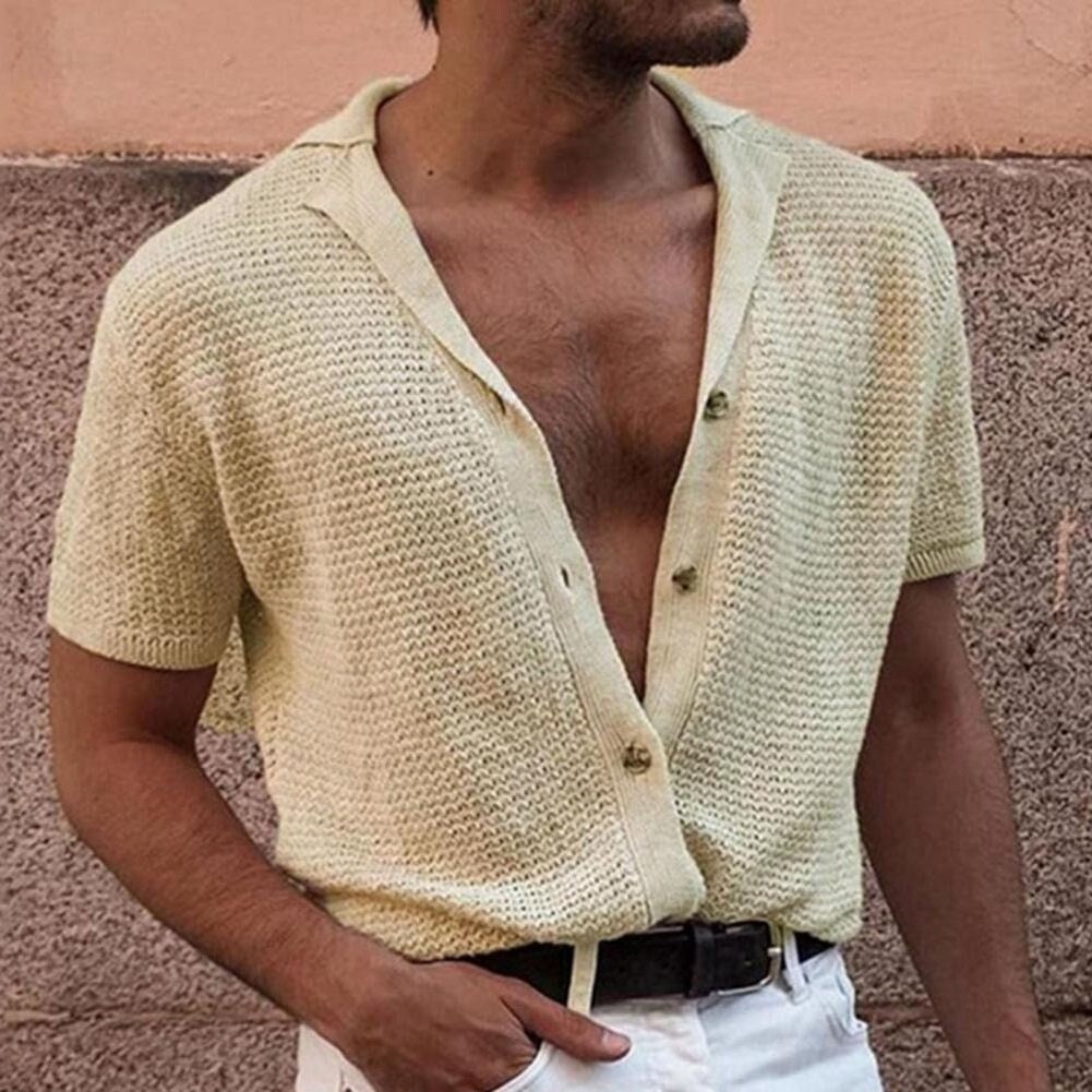 Mens Knitted Style Short Sleeve Shirt in Pink Grey or Yellow Etsy