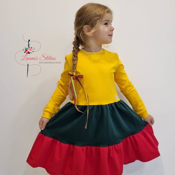 Handmade dress for a girl French terry cotton girls toddler girl dress Lithuanian ornaments long sleeve ruffle dress