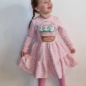 Girls Easter Bunny Dress, Double Ruffle Pink Striped Dress, Toddler Spring Outfit, Long Sleeve Cotton Dress with Bunny Print