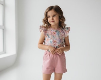 Blommig flickoutfit, sommarkläder för småbarn, rosa shortsset, tvådelad barnoutfit, boutiquestil