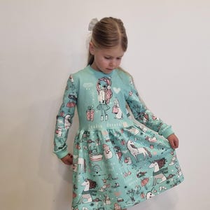 Vestido de inverno feito à mão para menina, vestido de algodão francês terry para bebês meninas, vestido de inverno com estampa de manga comprida e babados, vestido de Natal