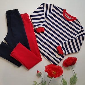 Nautical Girls Outfit Striped Blue and White Sweatshirt with Red Cuffs Navy or Red Pants Toddler and Kids Set