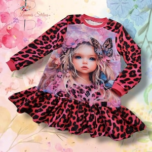 Abito a maniche lunghe in velluto rosa per bambine con orlo a balze – Abito caldo e accogliente con stampa animalier e farfalle per bambine, abbigliamento autunno inverno