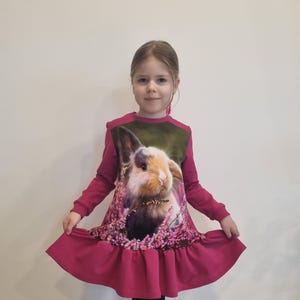 Sukienka dla dziewczynek z króliczkiem, różowa sukienka wielkanocna, sukienka z długim rękawem ze zwierzęcym nadrukiem, uroczy strój dla malucha, wiosenne ubrania dla dzieci, prezent dla dziewczynek