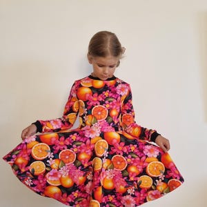 Girls Long Sleeve Fruit and Flower Print Dress, Full Circle Skirt, Twirl Dress with Digital Print