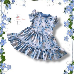 Girls Summer Dress - Blue Floral Twirl Dress - Short Sleeve Cotton Jersey Dress - Toddler Dress - Baby Girl Outfit - Handmade Clothing