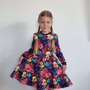Girls Twirl Dress with Floral Digital Print, Long Sleeve, Double Gathered Skirt, Colorful Flowers, Party or Everyday Wear