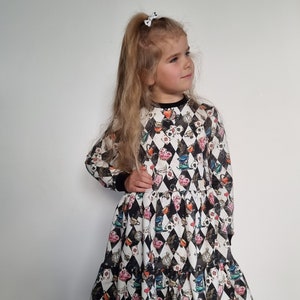 Alice in Wonderland Twirl Dress for Girls - Long Sleeve Party Dress with Ruffled Skirt Fantasy Pattern Kids Special Occasion Outfit