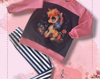 Handmade set for a toddler girl outfit 2 piece toddler suit tunic with unicorn and pants girls outfit with cats French terry cotton set