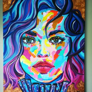 Print of original acrylic painting Gabrielle Abstrac Modern Contemporary Art Multicoloured with Swarovski crystals zirconia and copper leafs