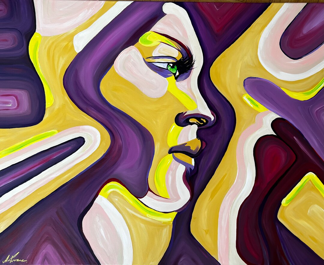 Modern Abstract Painting of Woman Face on Stretched Canvas Etsy