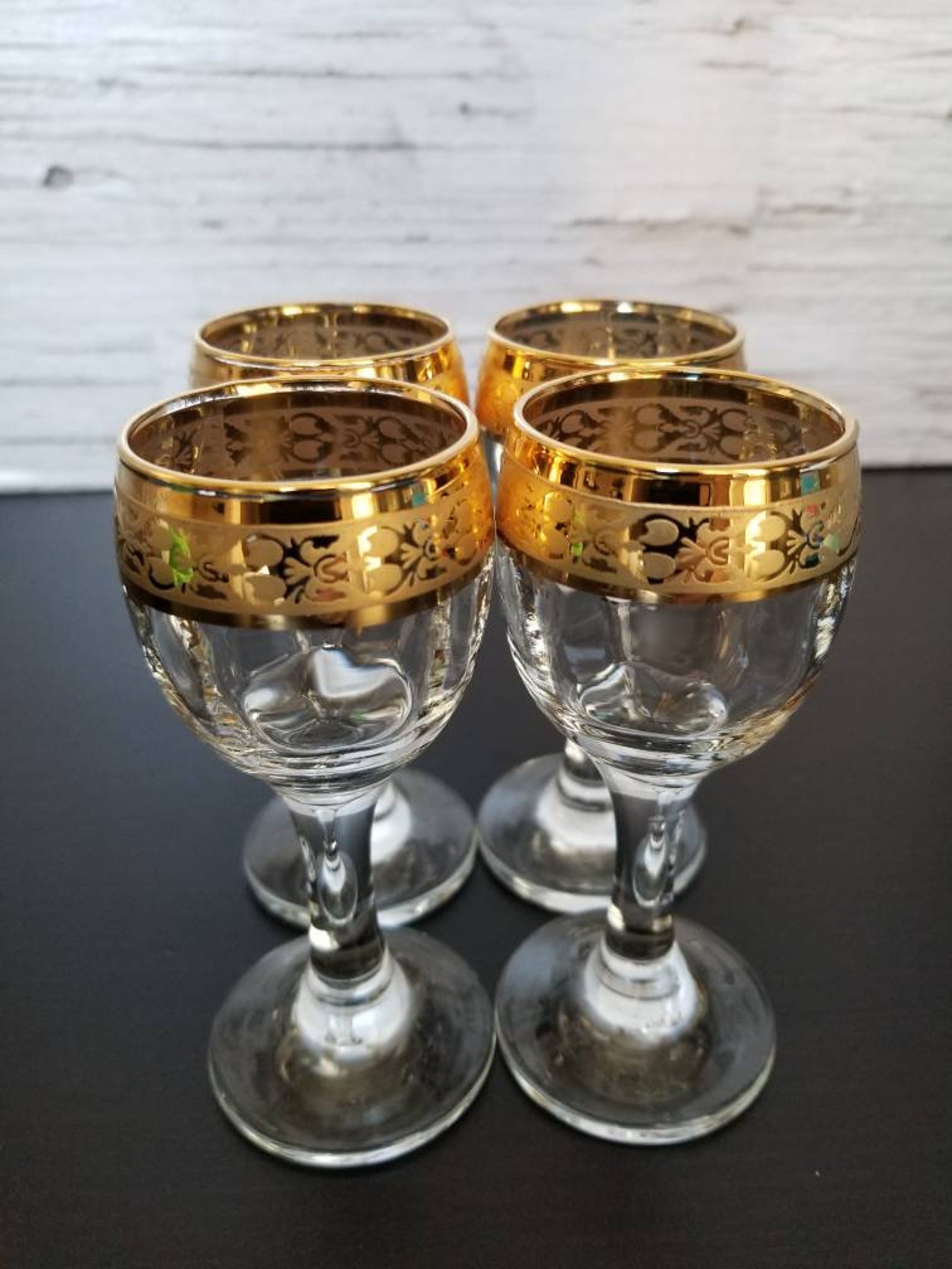 Stemmed shot glasses with intricate gold detail Etsy