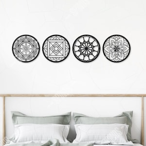 Mandala Wood Wall Decor - Geometric Motif Art - Bohemian Pattern Sign -  Elegant, Unique Hanging, 4 Pieces Bedroom / Living Room Decorations