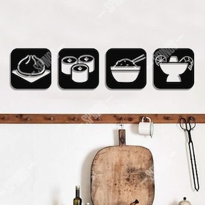 Houten muurkunst Aziatisch eten: sushi, ramen, knoedel keukendecoratie
