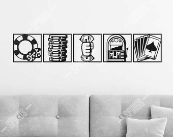 Casino Symbols Wood Wall Art - Gaming House Decor - Poker Chips, Slot Machine, Playing Cards Sign - Flush Royale - Gift for Father's Day