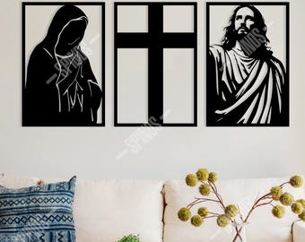 Christian Wooden Wall Decor – Catholic Religious Set (Jesus, Virgin Mary, Cross)