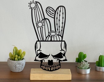 Skull Cactus Metal Shelf Decor - Gothic Home Decor - Skull Pot - Cactus Art - Bookshelf, Table, Desk Decor - Modern Statue - Sculpture