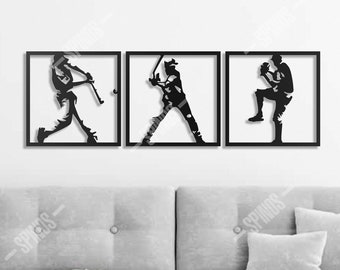 Baseball Wood Wall Art - Baseballer Wall Decor - 3 Pièces Sports Sign - Joueurs de baseball - Chambre pour enfants, Man Cave Decorations - Cadeau pour lui