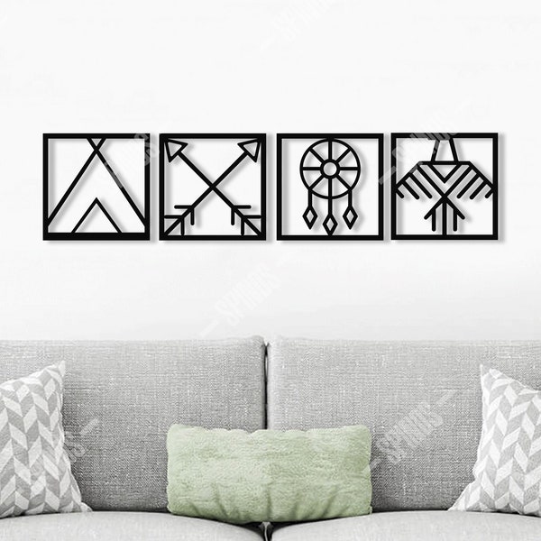 Native American Symbols Wood Wall Art - Amerindian / American Indian Wall Decor - 4 Pieces Minimalist Indian Wall Sign