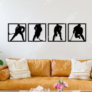 Ice Hockey Wooden Wall Art Set – Man Cave 4-Piece Wood Decor - Featuring Action Silhouettes Sign of Hockey Players for Sports Enthusiasts