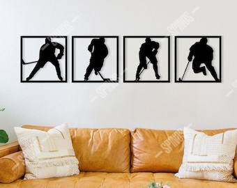 Ice Hockey Wooden Wall Art: Man Cave Decor, Sports Silhouette (4-Piece Set)