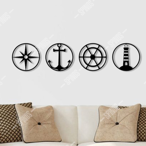 Sailor / Seaman Symbols Wood Wall Art - Sea / Ocean Sign / Decor - Compass, Anchor, Rudder, Lighthouse Minimalist / Vector - Gift for Son