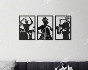 Jazz Music Wood Wall Decor - Musicians Black Wall Art -  Cello, Saxophone, Snare Drum Sign - 3 Pieces Wall Hanging - Gift for Music Lover