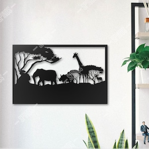 Safari Wood Wall Art - Africa Landscape Wall Decor - Savannah Sign - African Acacia Tree Hanging- Elephant, Giraffe, Rhino - Gift for Father