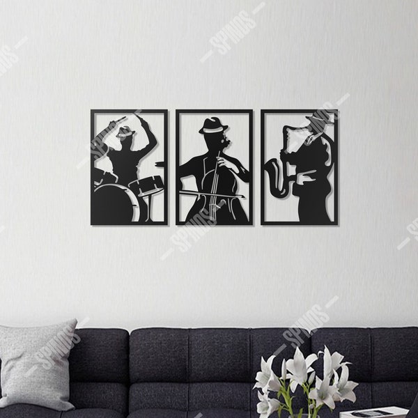 Jazz Music Wood Wall Decor - Musicians Black Wall Art -  Cello, Saxophone, Snare Drum Sign - 3 Pieces Wall Hanging - Gift for Music Lover