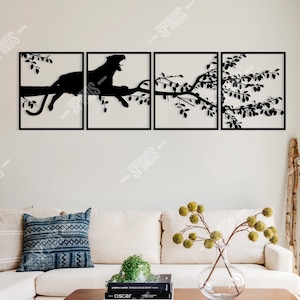 Decorazione murale moderna in legno a tema rami di albero e giaguaro, quattro pezzi di arte murale, design ispirato alla natura, cartello da parete per soggiorno, pannelli per ufficio