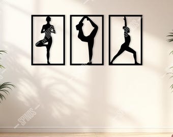 Set de decoración de pared de madera para yoga: Postura del árbol, Postura del bailarín y Guerrero I