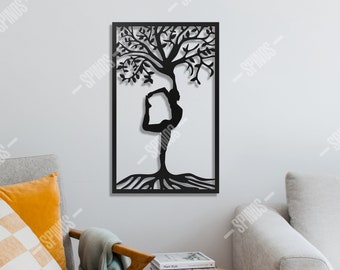 Arte mural de madera con postura de árbol de yoga: decoración para estudio de meditación