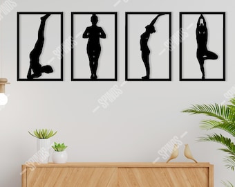 Arte mural de yoga: decoración de silueta femenina de madera de 4 piezas