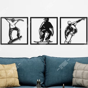 Skateboarding Wood Wall Art - Skateboarder Wall Decor - 3 Pieces Sports Sign - Skateboard Players - Kids Room, Man Cave Decorations