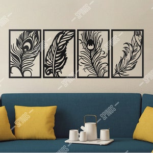 Feathers Wood Wall Art: 4-Piece Plume Decor Set