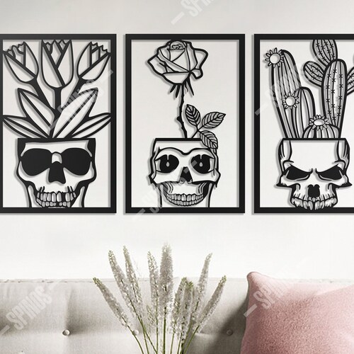 Skull and Flower Wall Art Skull Flowerpot Wood Wall Decor Etsy