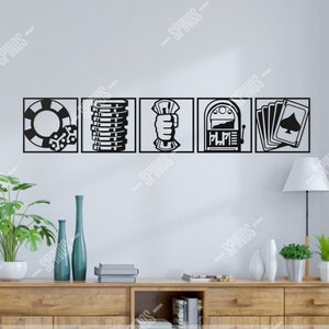 Simboli del casinò Arte murale in legno - Decorazione per la casa da gioco - Fiches da poker, slot machine, cartelli con carte da gioco - Flush Royale - Regalo per la festa del papà